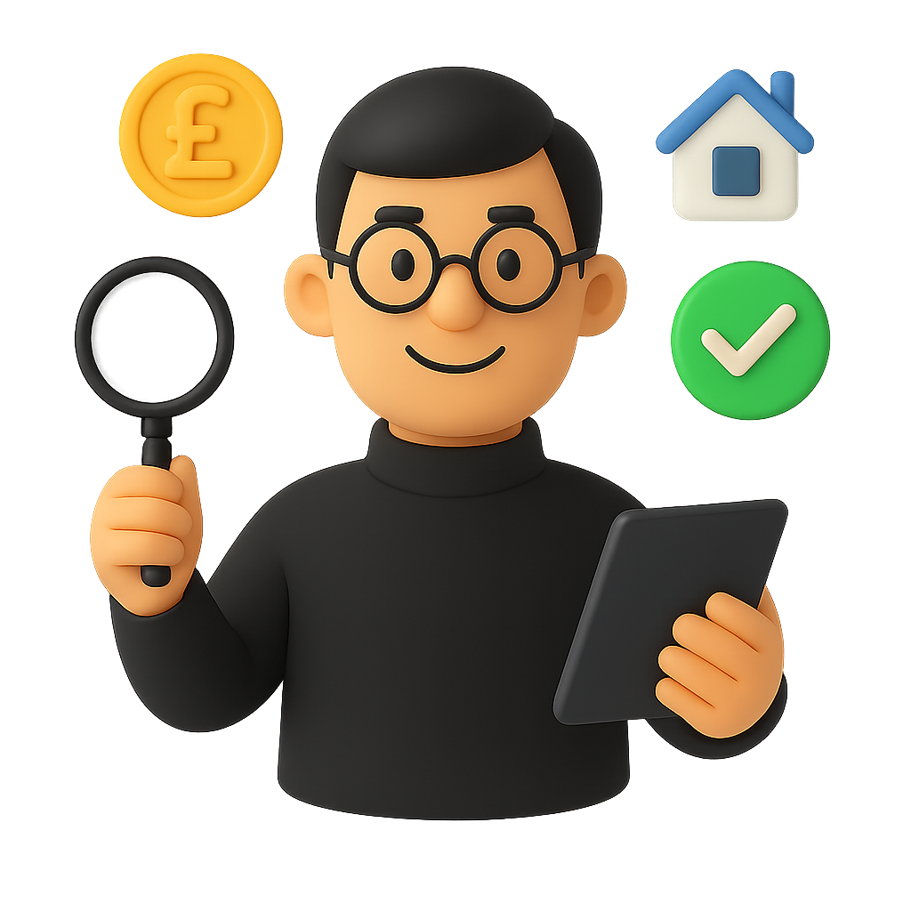 Cartoon character with magnifying glass, tablet, and icons representing property and finance