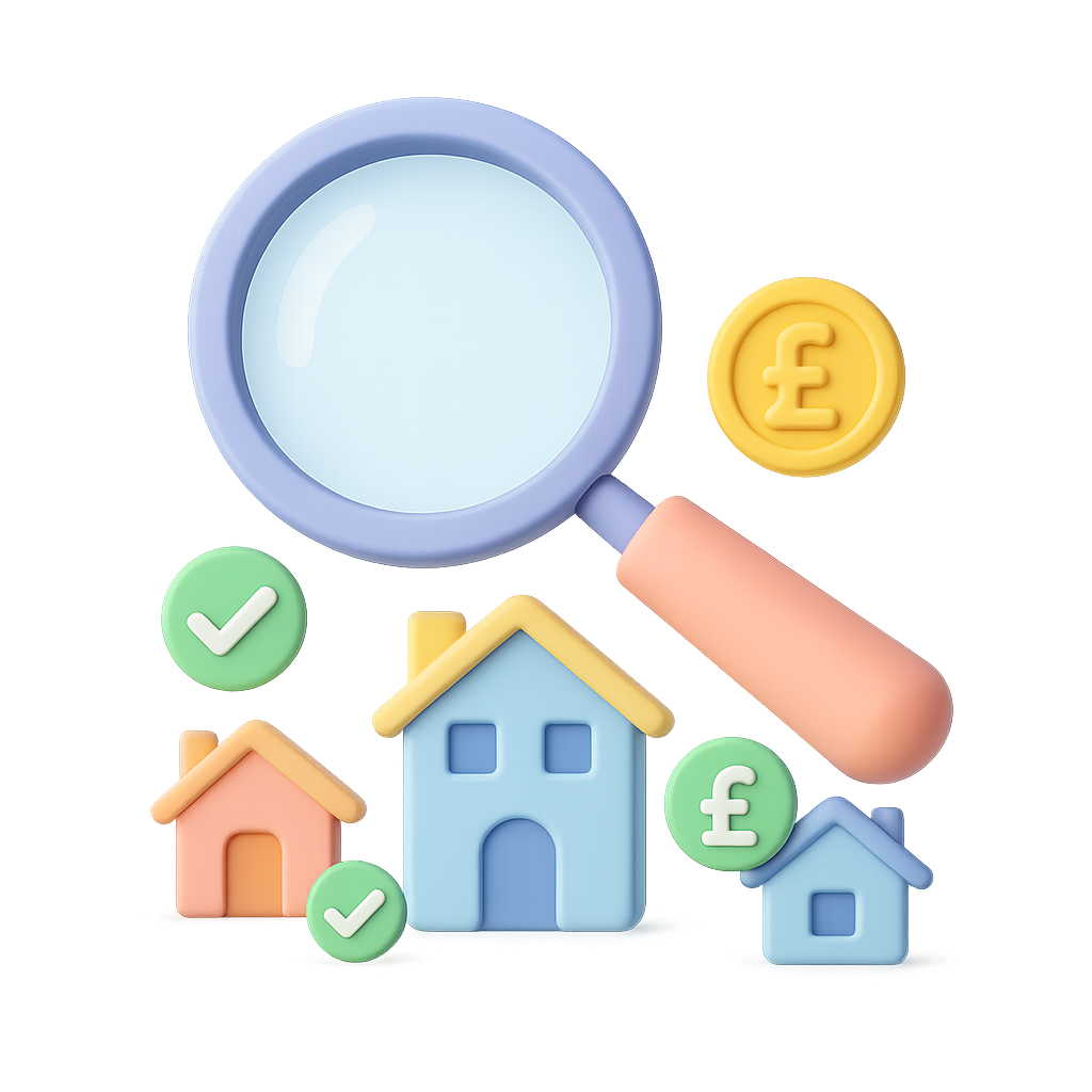 Magnifying glass over a map with houses, checkmarks, and pound coins