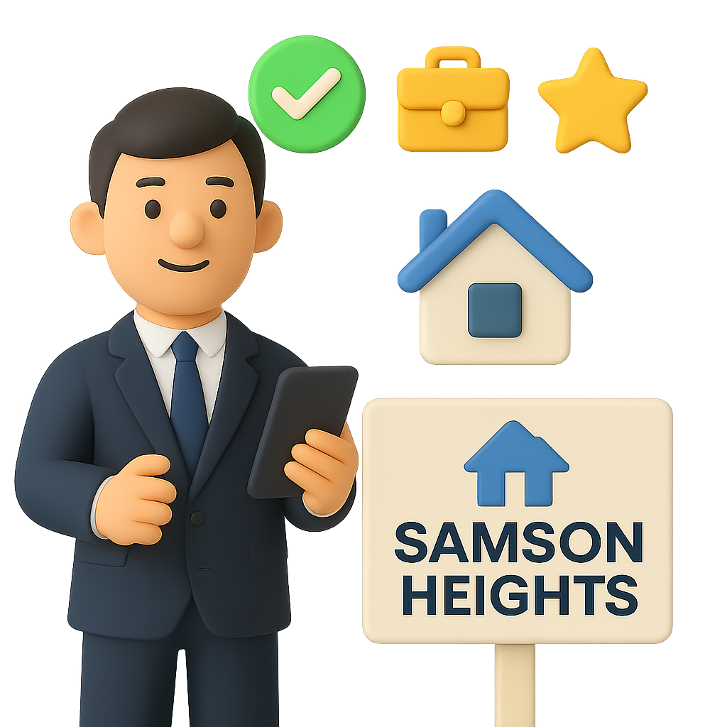 3D illustration of a man in a suit holding a tablet with icons representing success, business, and property management
