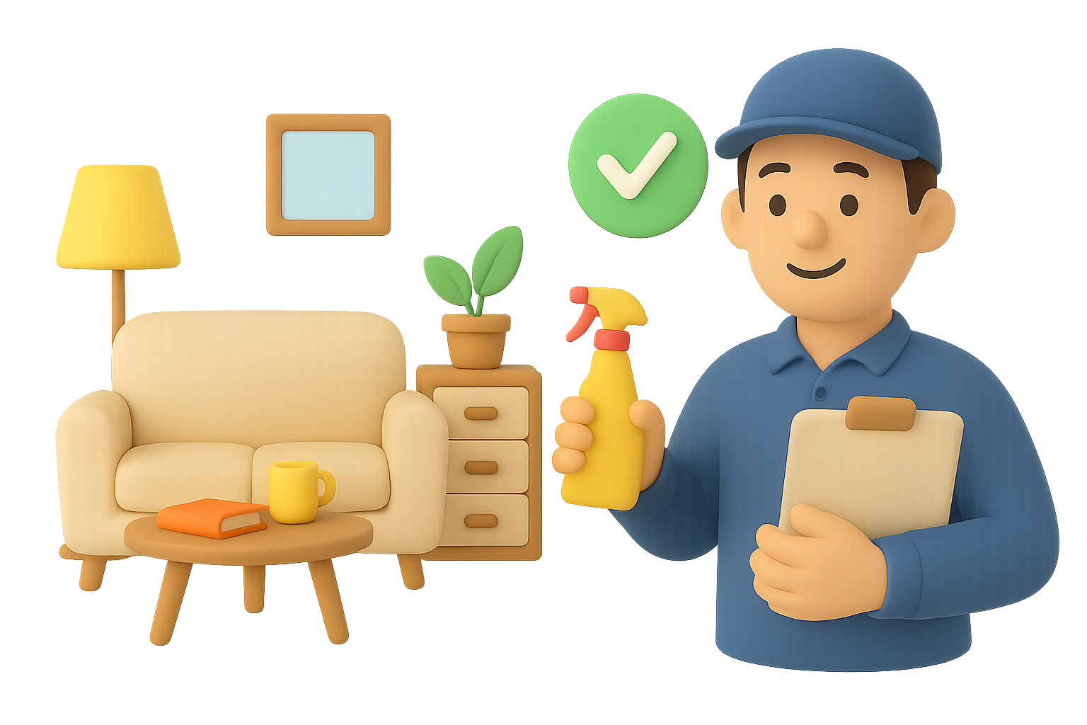 3D illustration of a cleaner with cleaning supplies in a tidy living room