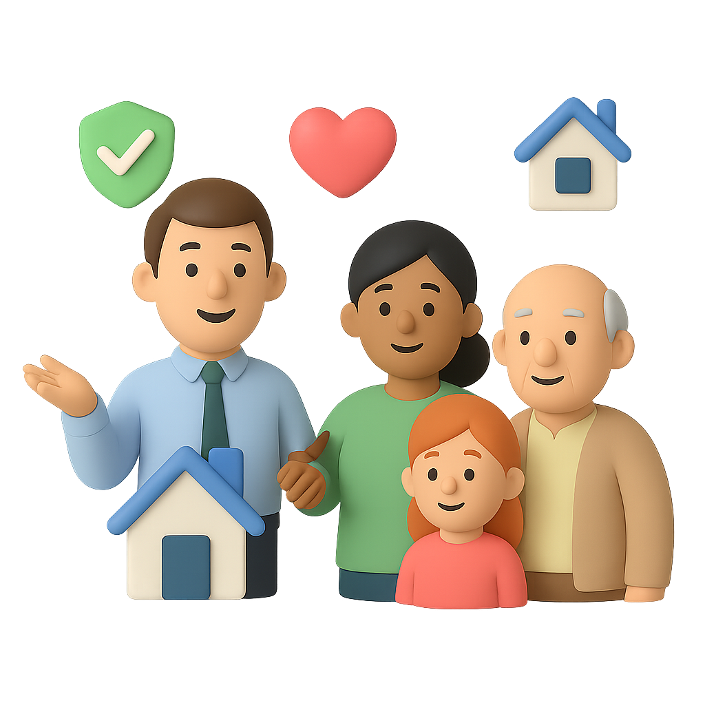 3D illustration of a family with icons representing safety, care, and home