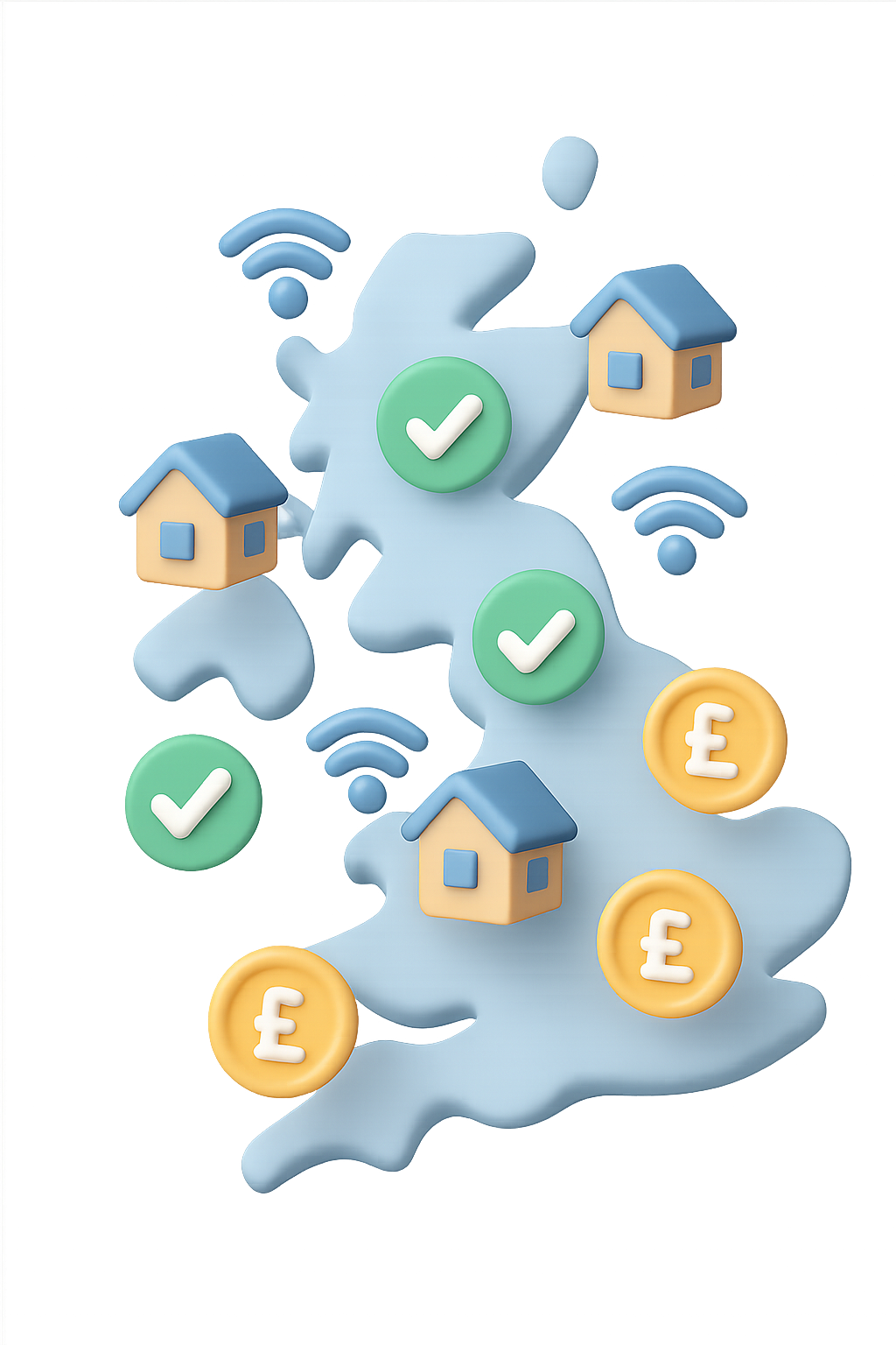 3D map of the UK with houses, Wi-Fi, and pound coins